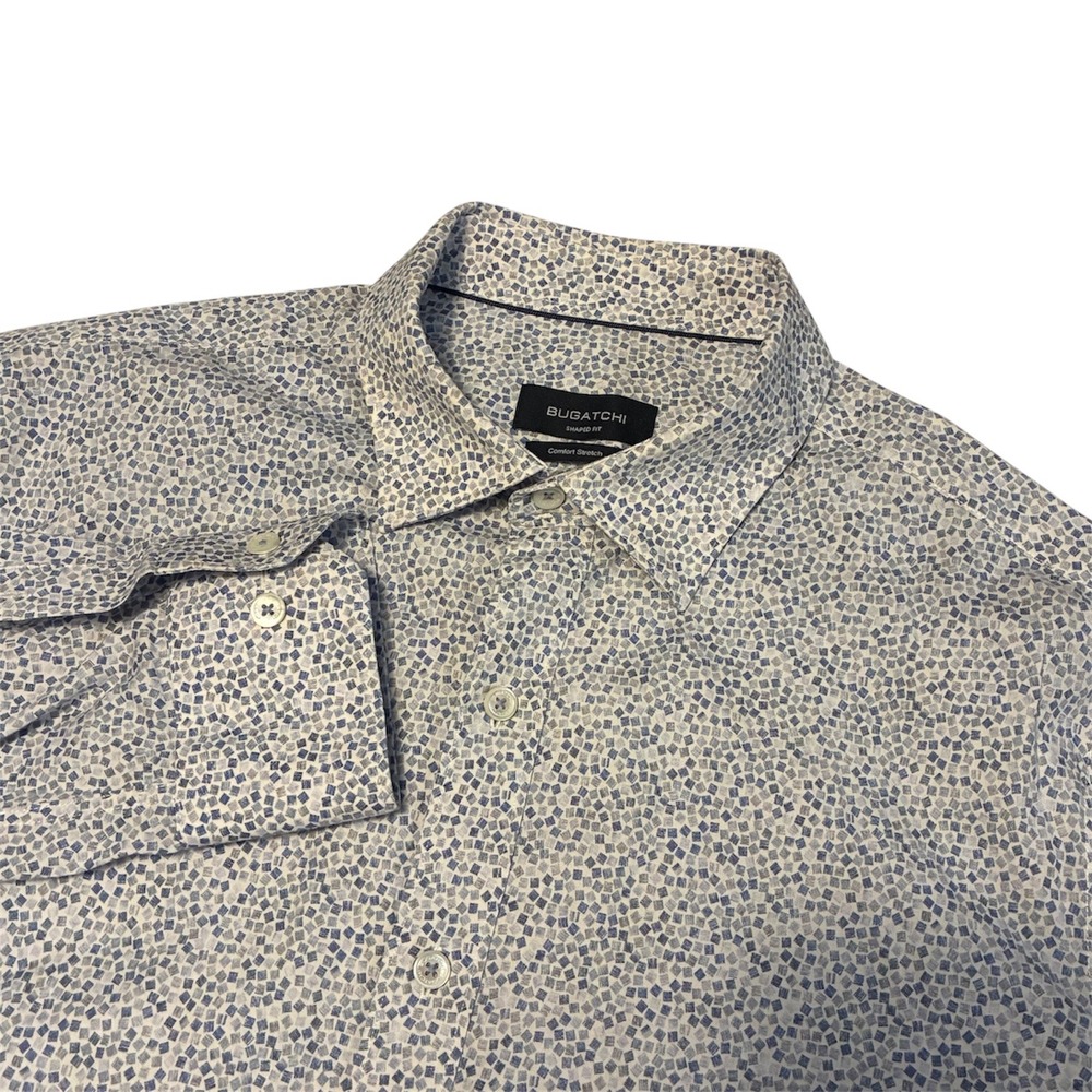 Bugatchi Mens Blue Geometric Button Down Shaped Fit Comfort Stretch XL